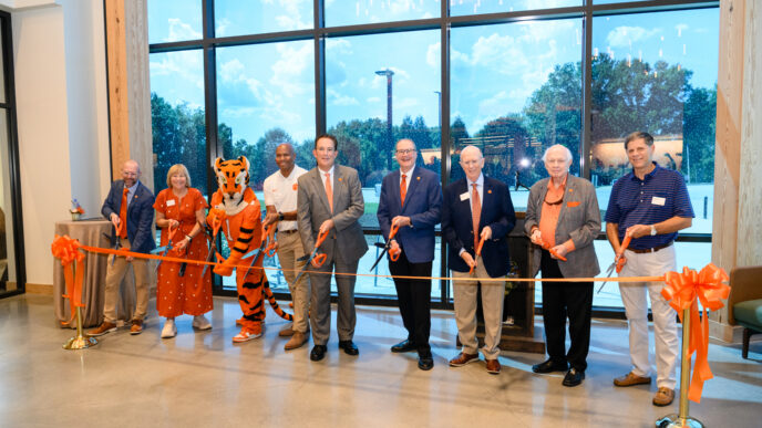 16th president of Clemson University, Dr. Benjamin Ayers, faculty and Board of Trustees representatives cut the ribbon to dedicated the new Forestry and Environmental Conservation building on Friday, September 11, 2026.