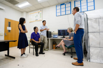 The research team includes (from left): Zhuoyang Wang, Long Cheng, Linke Guo, Heather Hensman Kettrey and Matthew Costello.