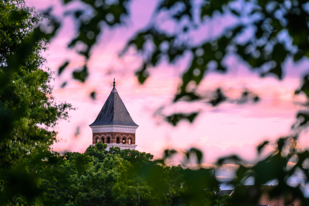 Sunset view of Tillman Hall in the background of trees.