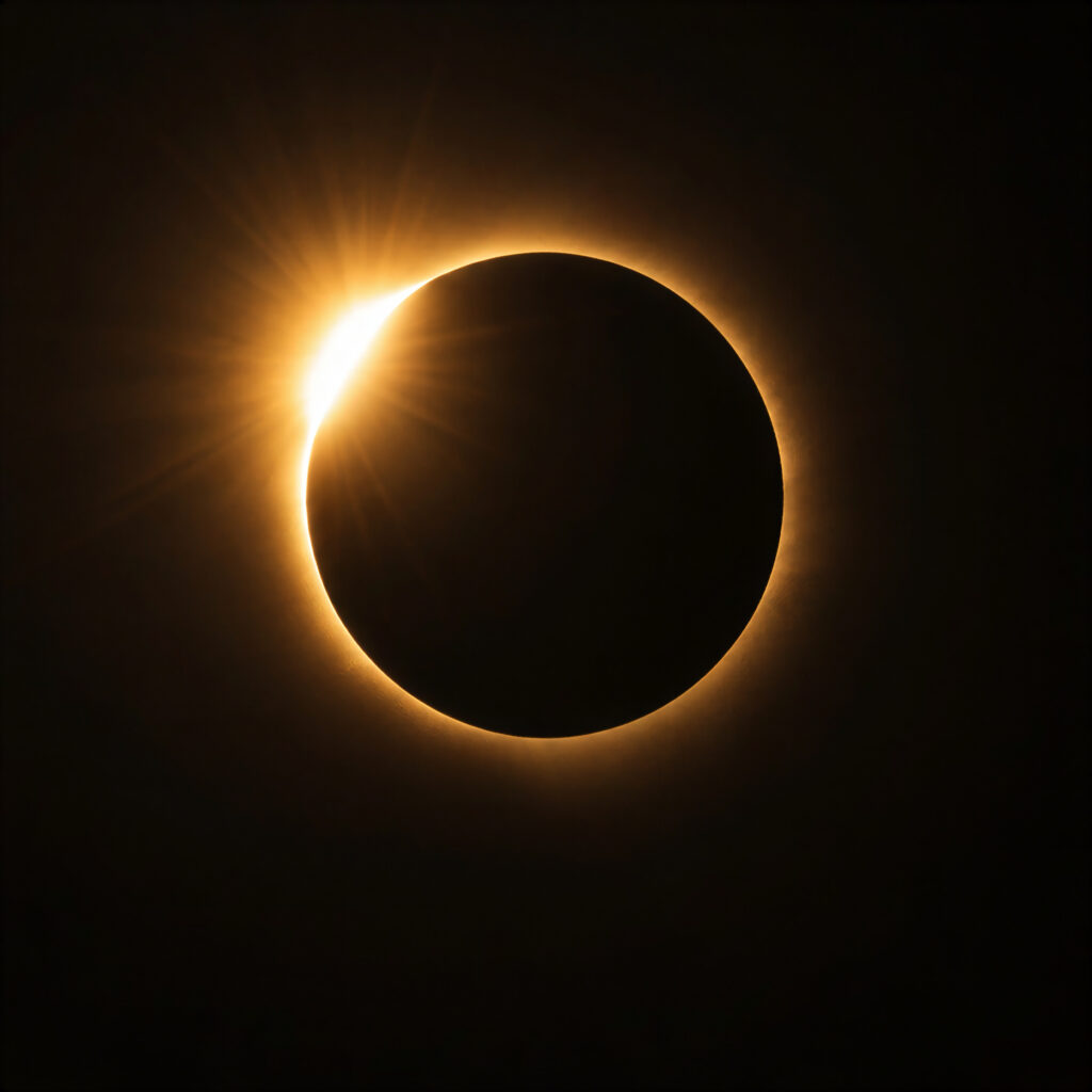 A photo of a total eclipse that shows the "ring" when the moon is in front of the sun.