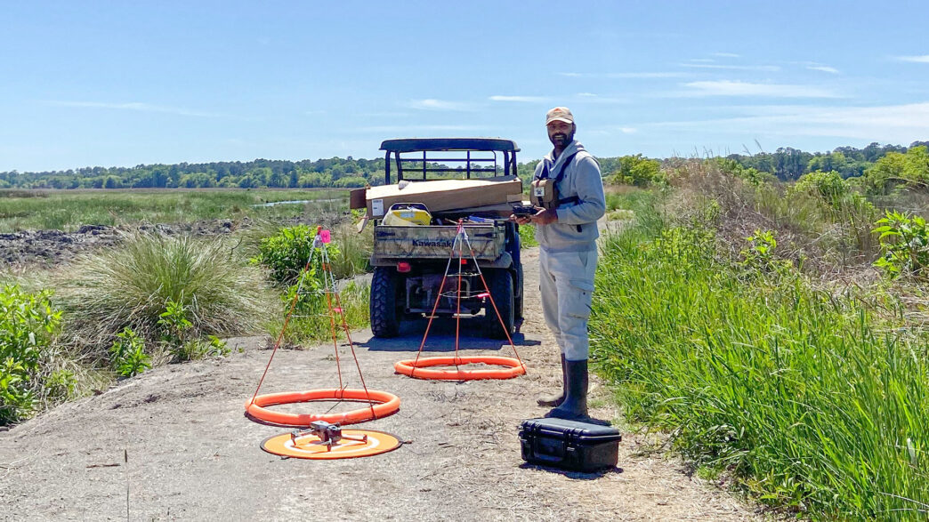 Clemson University doctoral student Akshit Suthar uses pool noodles, fiberglass driveway markers, wire and zip ties to develop a platform to carry autonomous recording units into remote wetlands to study wildlife.