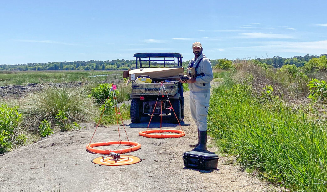 Clemson University doctoral student Akshit Suthar uses pool noodles, fiberglass driveway markers, wire and zip ties to develop a platform to carry autonomous recording units into remote wetlands to study wildlife.