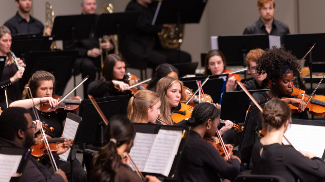 Musicians perform on stage in an orchestra