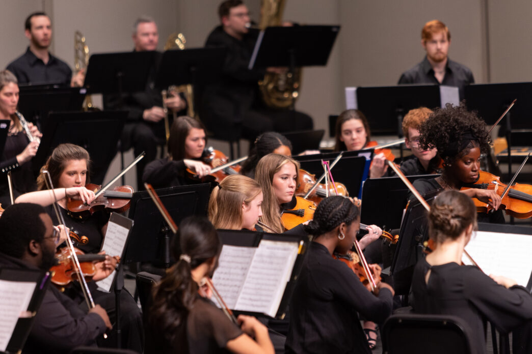 Musicians perform on stage in an orchestra