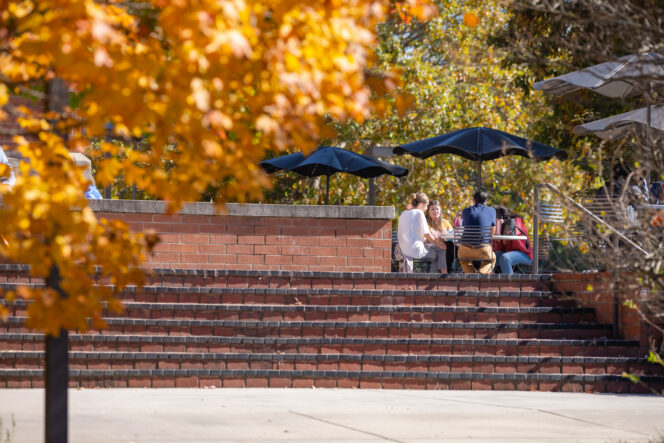 Close up of fall tree with people in the background sitting around a table at the top of the stairs.