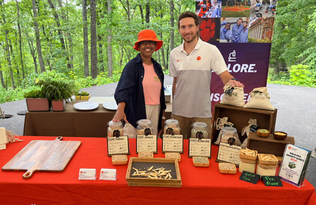 Dil Thavarajah and Tristan Lawrence showcase five newly released Clemson field pea varieties during the Variety Showcase hosted by the Culinary Breeding Network and the Glynwood Center for Regional Food and Farming in New York.