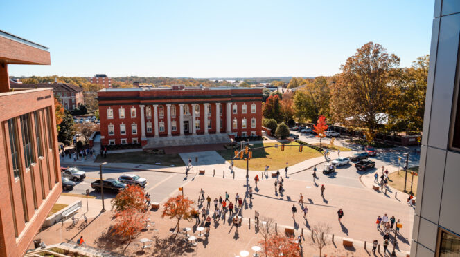 Aerial view of the campus with students walking on the streets and sidewalks