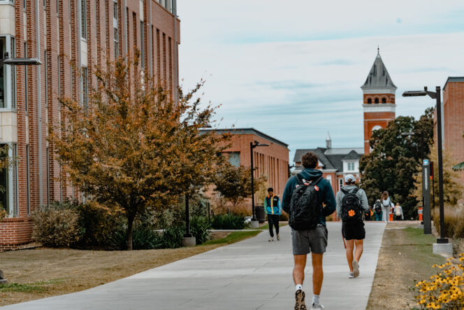 students walking down a tree-lined sidewalk between buildings in the fall, with Tillman Hall in the background.