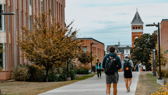 students walking down a tree-lined sidewalk between buildings in the fall, with Tillman Hall in the background.