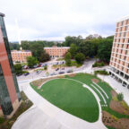 Overhead view of green courtyard space between two high-rise residential communities on Clemson's campus