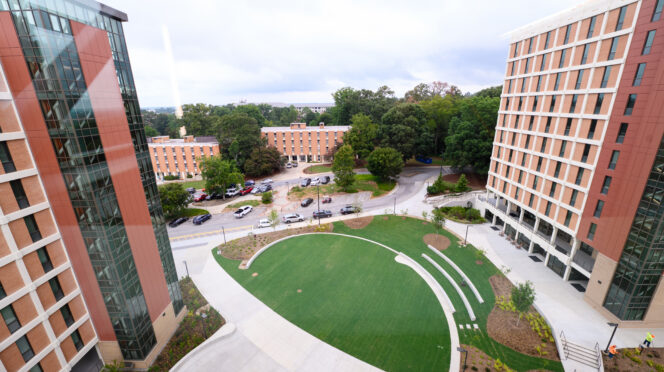 Overhead view of green courtyard space between two high-rise residential communities on Clemson's campus