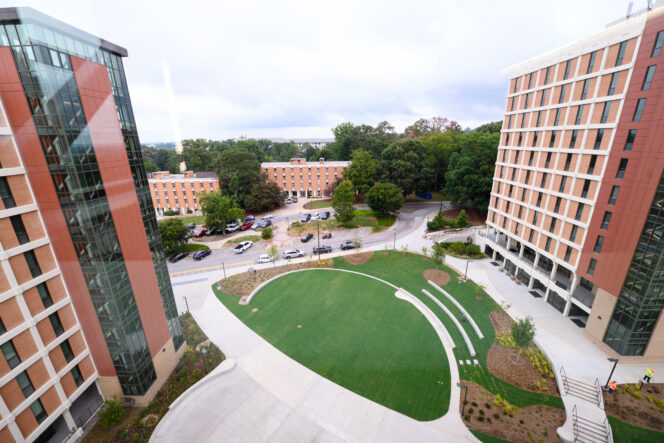 Overhead view of green courtyard space between two high-rise residential communities on Clemson's campus