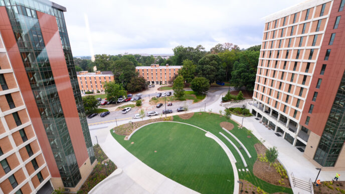Overhead view of green courtyard space between two high-rise residential communities on Clemson's campus