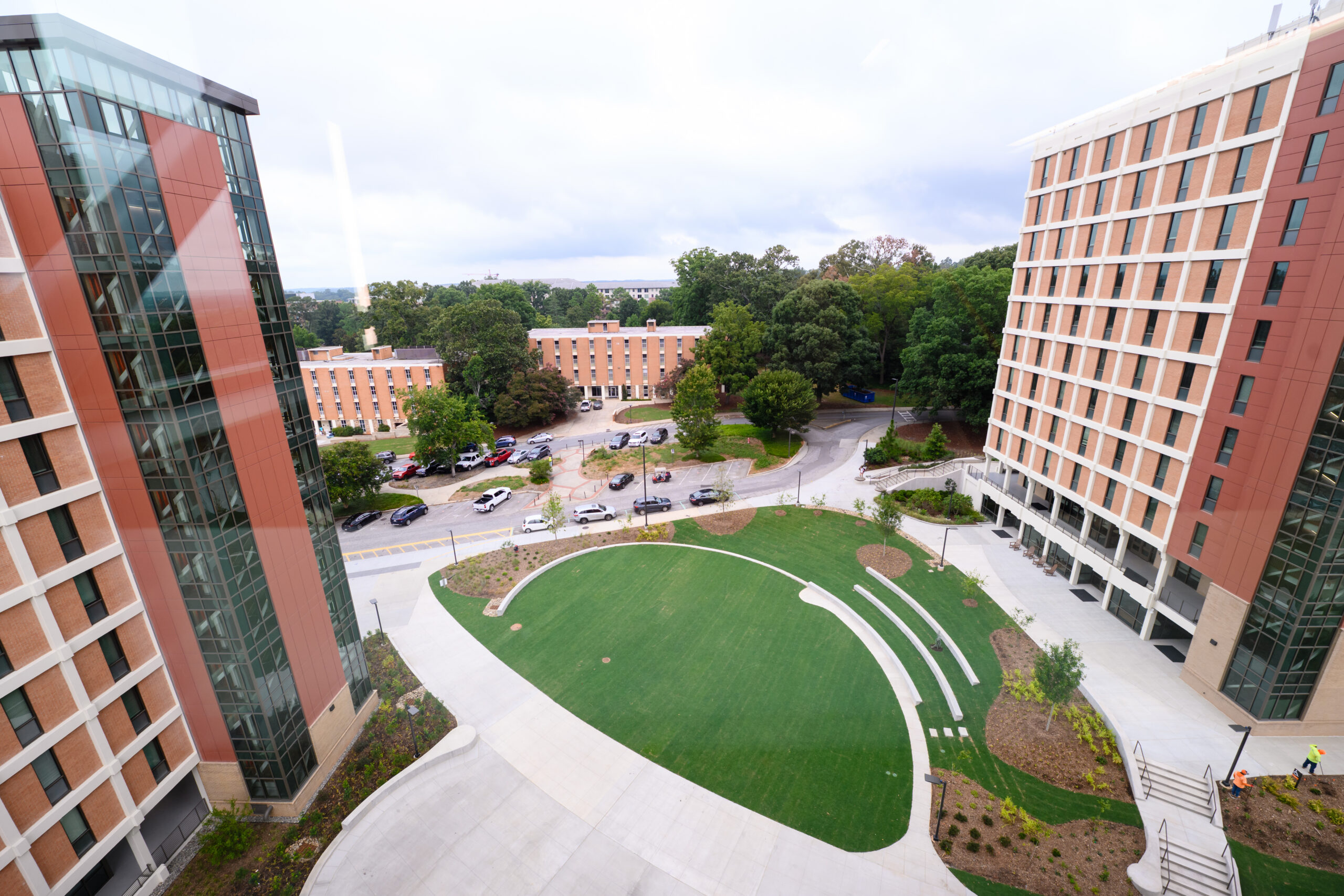 Overhead view of green courtyard space between two high-rise residential communities on Clemson's campus