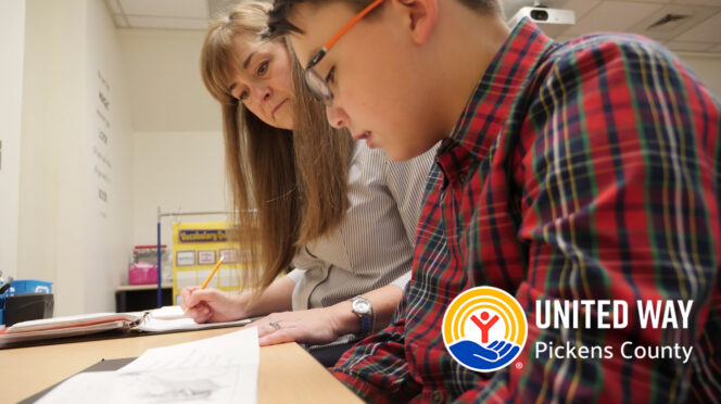 CC Bates reads with a student and a United Way logo is overlaid.
