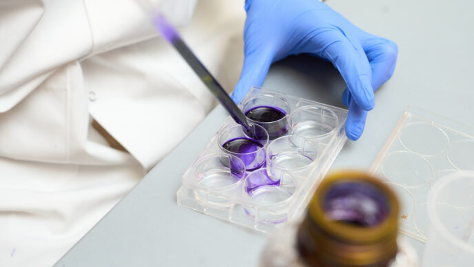 A pipette containing purple liquid is placed into a tray, which is held by a hand in a blue glove.